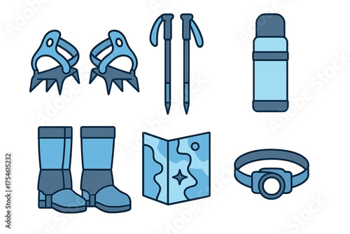 Essential equipment set for winter mountaineering and high altitude trekking adventures