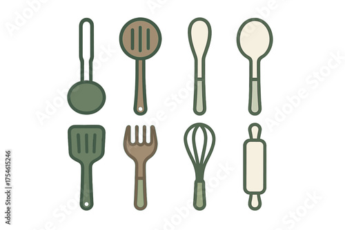 Essential kitchen utensils set including ladle spoon spatula and rolling pin