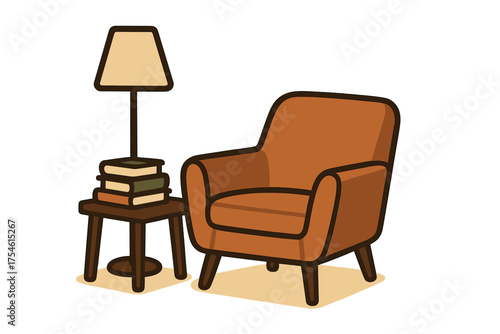 Cozy armchair and side table with reading lamp and stack of books for relaxation