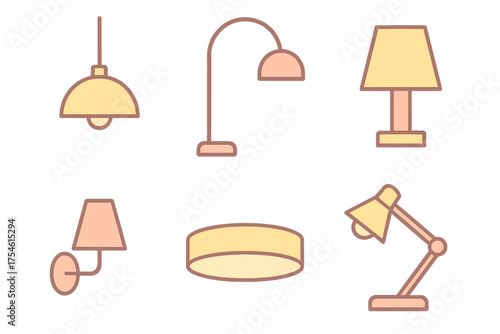 Assortment of interior lighting elements such as desk lamps, pendant lights, and floor lamps