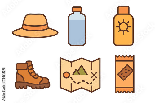 Essential gear for hiking and camping including map, boots, hat, water bottle, sunscreen, and snack bar