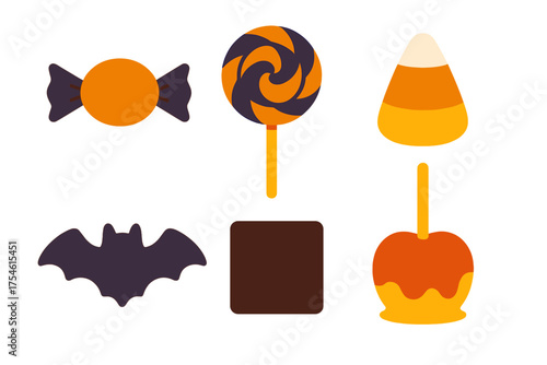 Halloween sweets collection with candy corn, lollipop, chocolate, caramel apple, and spooky bat
