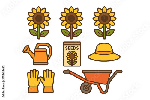 Essential gardening tools and sunflower items for planting and horticulture