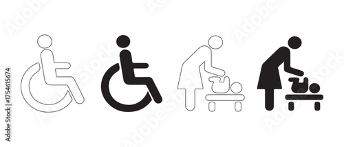 Set of public service pictograms for disabled and baby changing, isolated on white background.