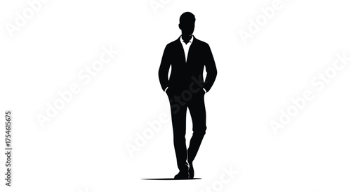 Vector silhouette of a handsome businessman standing confidently with hands in his pockets, isolated on a white background