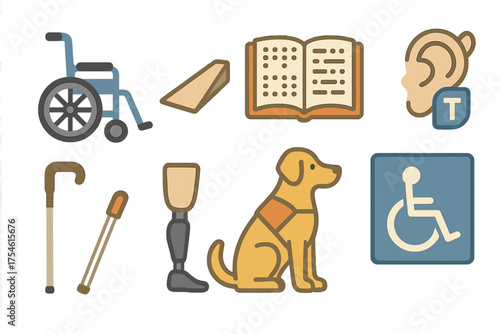 Accessibility icons set featuring wheelchair, guide dog, prosthetic leg, braille book, and ramp symbols