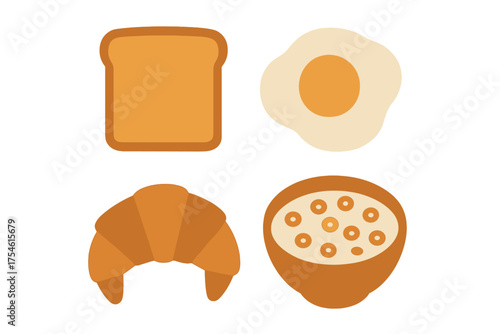 Collection of popular breakfast foods: toast, fried egg, croissant, and cereal bowl