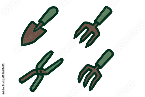 Essential gardening tools set including trowel, cultivator forks, and pruning shears