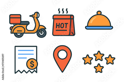 Delivery service icons featuring transport scooter, hot food bag, payment bill, location marker, and customer rating stars