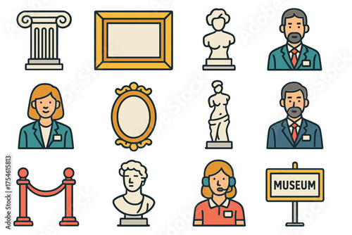 Collection of line art icons representing essential elements found in a museum or art gallery environment