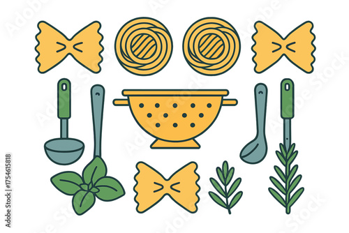 Collection of various pasta shapes cooking tools and fresh herbs for Italian food preparation