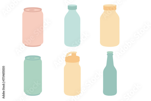 Assortment of pastel colored beverage containers including soda cans and reusable water bottles