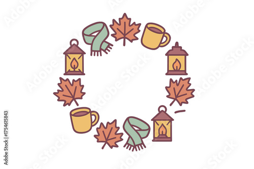 Circular frame arrangement of cozy autumn elements: maple leaves, warm drinks, scarves, and glowing lanterns