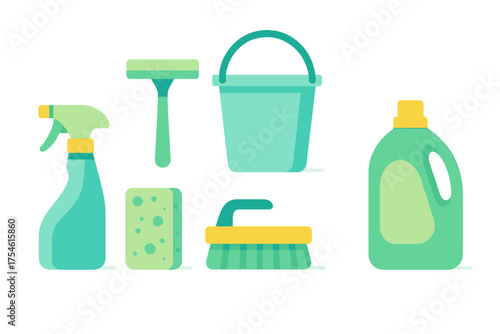 Set of essential cleaning tools including bucket, spray bottle, sponge, and detergent container