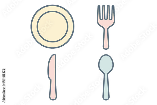 Simple set of dining utensils and dishware including plate fork knife and spoon