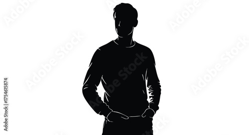 Mysterious anonymous male silhouette standing with hands in pockets, representing hidden identity, privacy, and user profile concepts against a stark white background