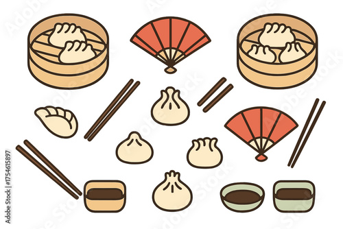Traditional Chinese dim sum dumplings in steamer baskets with chopsticks and decorative fans