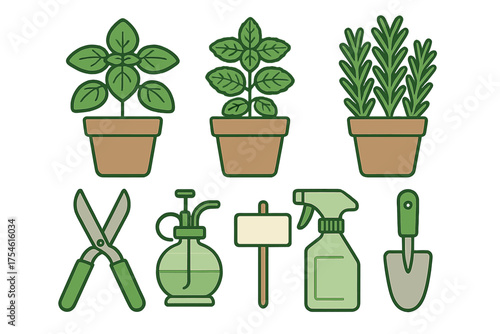 Potted herbs and essential gardening tools set including pruners sprayer and trowel