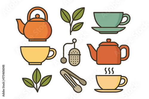 Colorful set of tea accessories including teapots, cups, leaves, infusers, and tongs