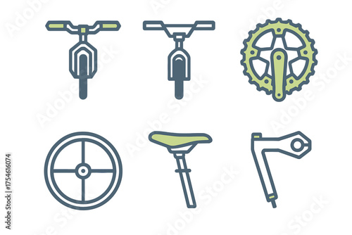 Essential cycling components including handlebars, crankset, wheel, and seat post