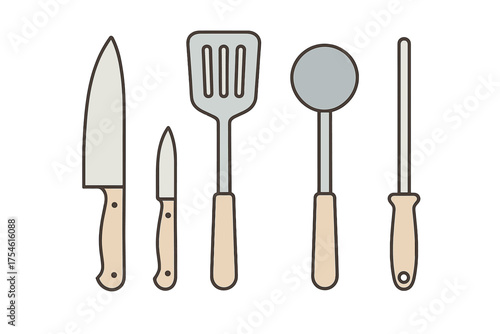 Essential cooking implements set with chef knife, paring knife, slotted turner, ladle, and sharpening rod