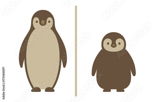 Cute adult penguin and small fluffy chick standing side by side in a minimal graphic style