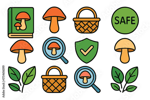Safety icons for mushroom foraging, identification, and harvesting equipment