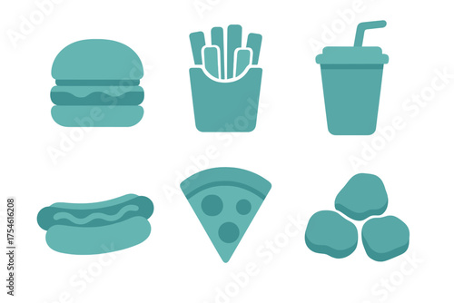 Minimalist set of popular fast food items including burger, fries, soda, hot dog, pizza, and nuggets