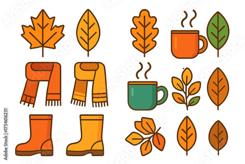 Colorful autumn season elements set with falling leaves, cozy scarves, hot beverages, and rubber boots