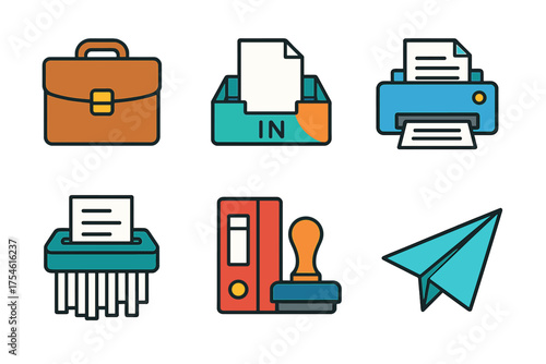 Essential business and office symbols including briefcase, printer, inbox tray, and paper shredder