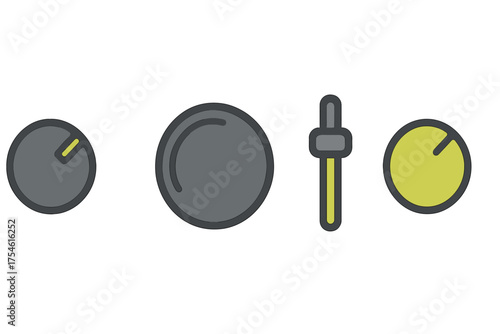 Audio control knobs and vertical slider elements for sound mixing interface