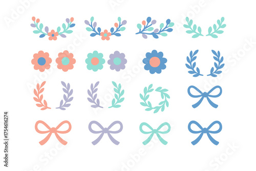 Cute pastel floral elements, decorative wreaths, and ribbon bows for wedding and baby shower design