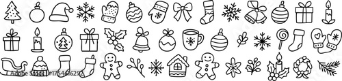 Set of cute hand-drawn Christmas doodles in black outline style. Includes tree, gifts, mittens, snowflakes, bells, candles, stockings, and gingerbread elements