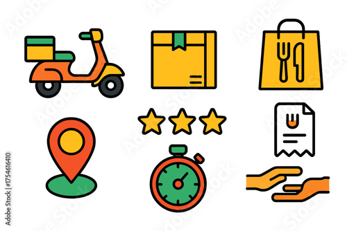Essential icons set for online food ordering and fast delivery services