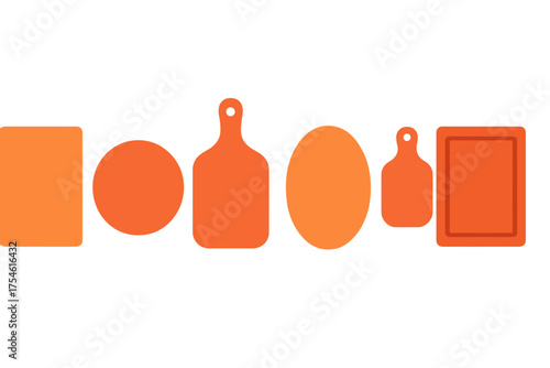 Six different orange cutting board shapes and serving platters set isolated on white background