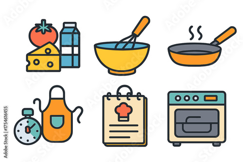 Colorful set of cooking ingredients and kitchen tools for recipe preparation