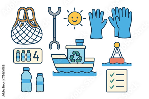 Comprehensive set of icons illustrating ocean cleanup, marine environment protection, and plastic recycling efforts