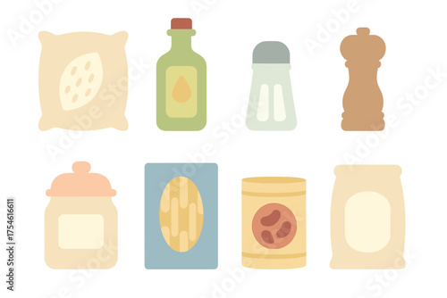 Common kitchen pantry items set including flour oil salt pepper pasta and canned goods