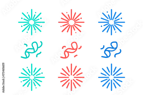 Colorful celebration icons featuring abstract fireworks and confetti streamers