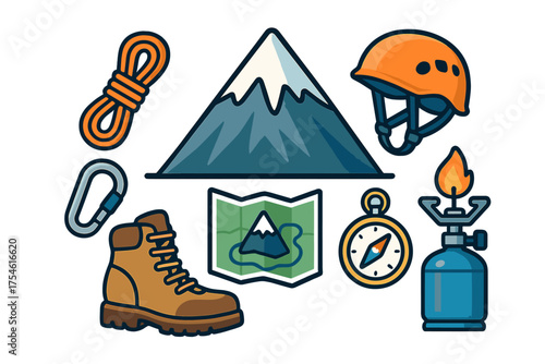 Collection of essential gear for hiking mountaineering and outdoor adventure
