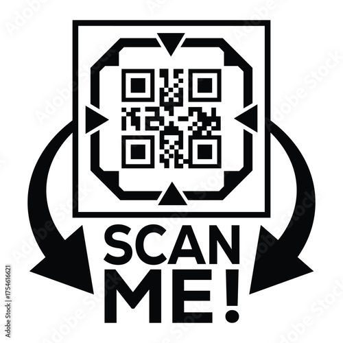 A bold, black and white vector graphic featuring a QR code centered in a square with targeting marks. Large arrows point to the text "SCAN ME!", creating a compelling call-to-action for immediate digi