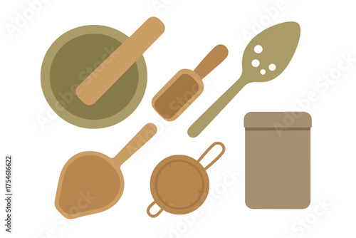 Kitchen tools set for grinding and measuring spices including mortar, pestle, scoop, and sieve