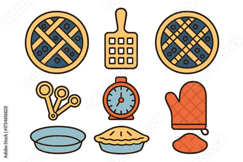 Colorful baking tools and equipment set including pie crusts, measuring spoons, timer, and oven mitt