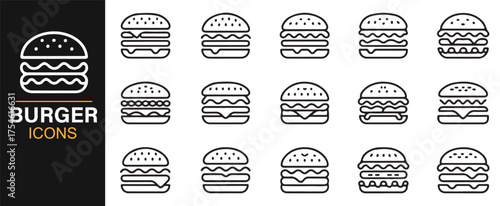 Editable burger icons collection showing fast food sandwiches for restaurant design projects