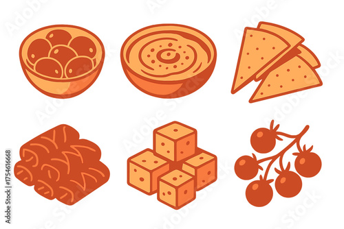 Isometric food icons set featuring appetizers, snacks, fresh ingredients, and dipping sauces