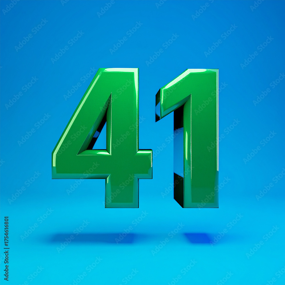 Fototapeta premium Floating shiny green number 41 in blue backdrop, soft glowing light, minimalist surrealism.