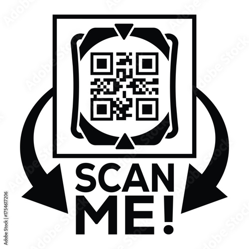 A bold, black and white vector graphic featuring a QR code centered in a square with targeting marks. Large arrows point to the text "SCAN ME!", creating a compelling call-to-action for immediate digi