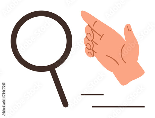 Magnifying glass beside an open hand with pointing gesture, symbolizing search, discovery, and examination. Ideal for research, focus, analysis, investigation, precision feedback and education
