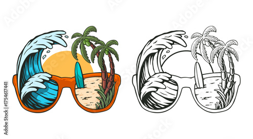Vector illustration of tropical beach reflected in sunglasses featuring ocean waves, palm trees, surfboard, and sunset. Creative summer holiday concept showing seaside landscape inside orange glasses.
