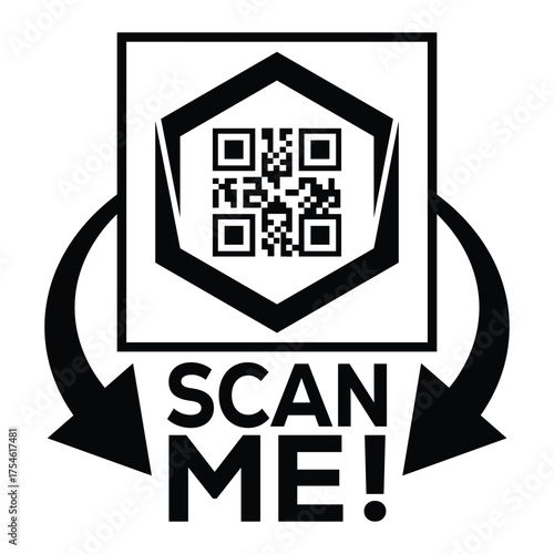 A bold, black and white vector graphic featuring a QR code centered in a square with targeting marks. Large arrows point to the text "SCAN ME!", creating a compelling call-to-action for immediate digi